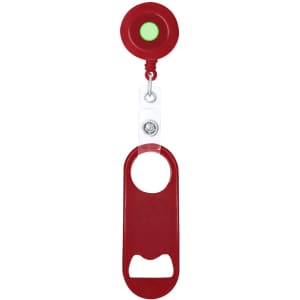 A drink bottle opener in red featuring a circular button and a retractable strap. It includes a logo at the top.