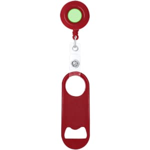 A drink bottle opener in red, featuring a retractable cord and a circular attachment at the top.