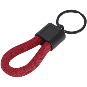 A keyring featuring a black attachment and a red braided loop for easy handling.