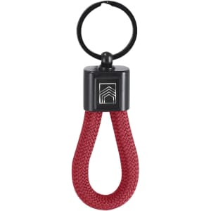 A keyring featuring a red braided loop with a black attachment and a logo.