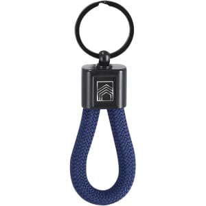 A navy blue keyring with a textured loop and a black metal ring, featuring a small logo on the top.