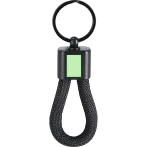 A black keyring with a braided strap and a green rectangular section, featuring a simple circular attachment.