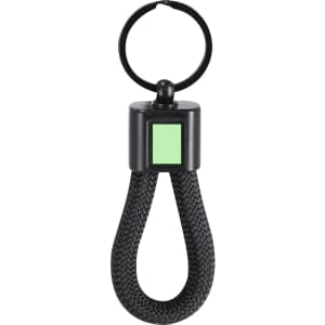 A black keyring with a braided design and a green accent, featuring a circular attachment loop.