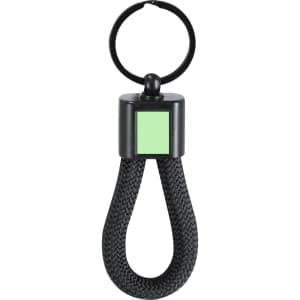 A black keyring with a green accent, featuring a loop design and a circular attachment.