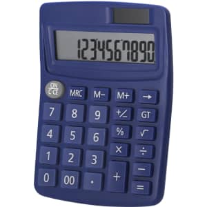 A blue handheld calculator with a large display and numeric keypad. It features a logo on the body.