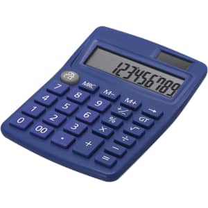 A blue desktop calculator featuring a digital display and a variety of buttons for calculations.