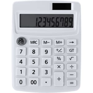 A white Arabela calculator featuring a large display and numeric keypad. It includes a logo on the top.