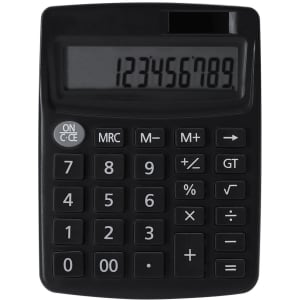 A black calculator featuring a digital display and numeric keypad with additional function buttons.