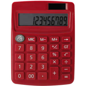 A red Arabela calculator featuring a large display and a standard numerical keypad. It includes a logo on the surface.