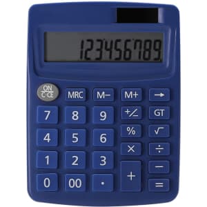 A blue calculator with a large display and a keypad featuring numeric and function buttons. It includes a logo.