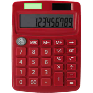 A red calculator featuring a large display and various buttons for numerical input.