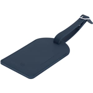 A navy blue luggage tag with a strap and a branding logo, designed for identification purposes.