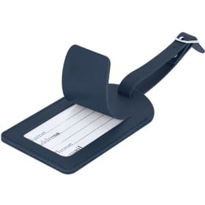 A navy blue luggage tag with a clear identification area and a buckle strap. Features a logo.