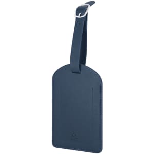 A navy blue luggage tag made of leather-like material, featuring a strap and a branding logo at the bottom.