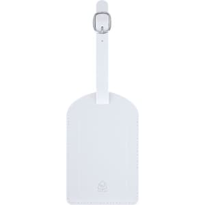 A white luggage tag with a strap and a buckle, featuring a smooth surface and no visible text or branding.