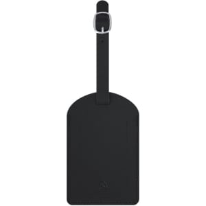 A black luggage tag made from durable material with a strap for attachment and a branding logo.