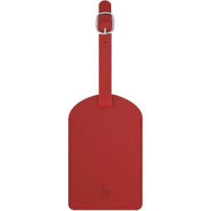 A red luggage tag with a smooth finish and a buckle strap for attachment. Features a logo on the front.