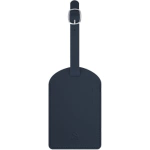 A navy blue luggage tag with a buckle strap, featuring a smooth leather-like texture and a branding logo.
