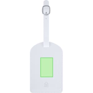 A white luggage tag with a clear insert at the centre for personal details. It features a metallic buckle for attachment.