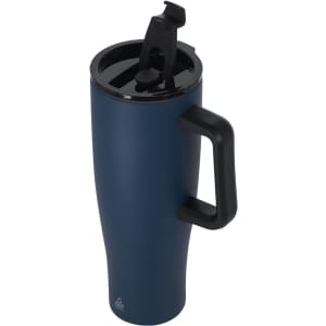 A drink bottle in dark blue with a black handle and a flip-top lid, featuring a logo on the side.