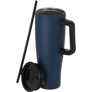An insulated mug in navy blue with a black handle, lid, and straw. It has a logo.