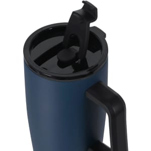 A drink bottle with a dark blue exterior, black lid, and handle, featuring a flip-top opening for easy access.