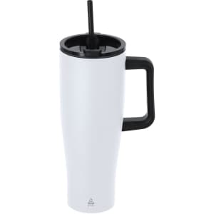 A drink bottle with a white body, black lid, and straw, featuring a handle and branding.