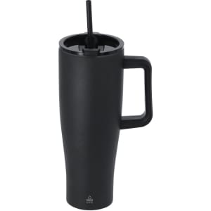 A black insulated mug with a straw and a handle, featuring a logo. Ideal for keeping beverages hot or cold.