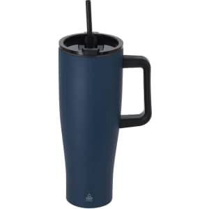 A drink bottle in navy blue with a black handle and a straw, featuring a logo on the side.