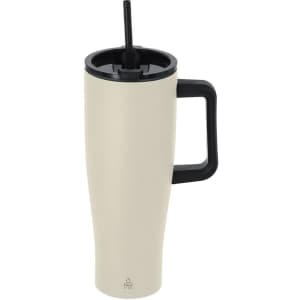 A drink bottle in cream and black, featuring a handle and a straw, with a logo on the side.