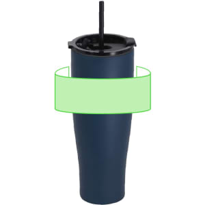 A drink bottle featuring a dark navy blue design, equipped with a black lid and straw. It has a logo.