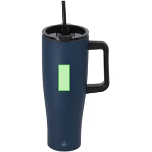 A drink bottle in navy blue with a black handle and a straw, featuring a logo on the side.