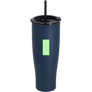 A drink bottle in navy blue with a black lid and a straw. It features a logo or branding on the body.