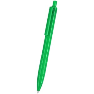 A green plastic pen with a clip and a pointed tip, featuring a logo on the side.