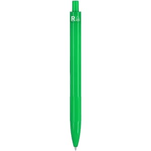 A green plastic pen with a branded logo at the top.