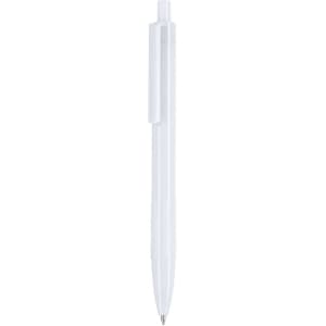 A plastic pen in white with a clip and a clear barrel, featuring a logo.