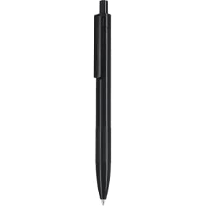 A black plastic pen with a clip and a sleek design, featuring a logo on its surface.