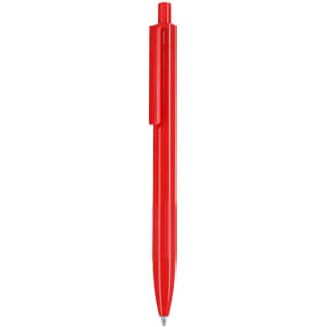 A red plastic pen with a clip and a pointed tip. Includes a logo on the barrel.