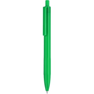 A green plastic pen with a smooth finish and a clip, featuring a logo on the side.
