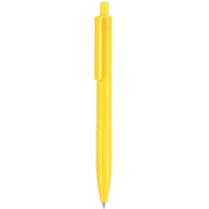 A yellow plastic pen featuring a clip and a shiny finish, with a branded logo on the barrel.