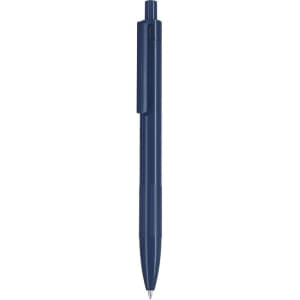 A navy plastic pen with a push-button mechanism and a clip for easy attachment. Features a logo on the barrel.