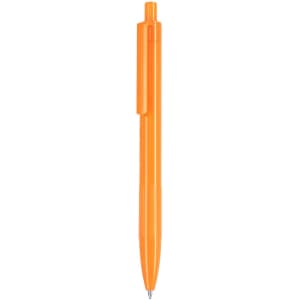 An orange plastic pen with a clip and a shiny finish. It features a branding logo on the body.