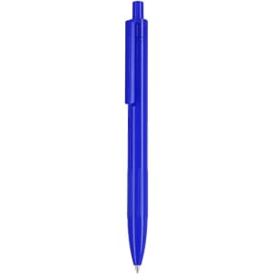 A blue plastic pen with a clip and a rounded tip, featuring a logo.