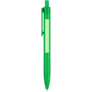 A green plastic pen with a clip and a blank section for custom branding.