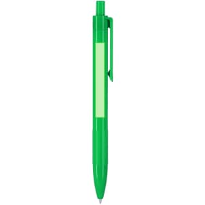 A green plastic pen with a clip and a blank section for personalisation. It features a branding logo.