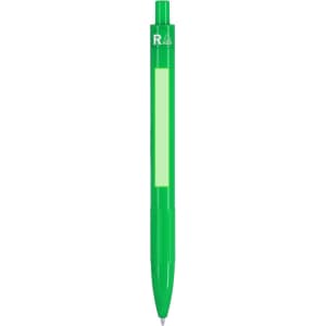 A green plastic pen featuring a clip and a branding logo. The pen has a smooth barrel design.