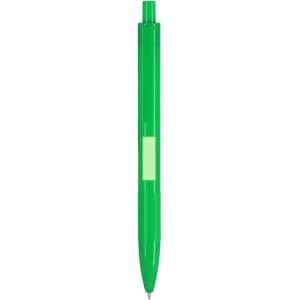A plastic pen in vibrant green, featuring a logo and a transparent barrel.
