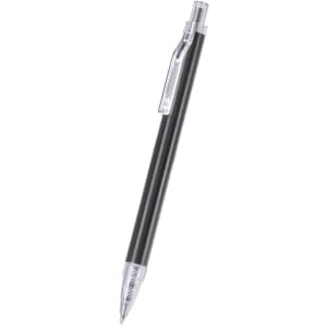 A metal pen in black with a clear clip and ribbed grip, featuring a logo on the side.
