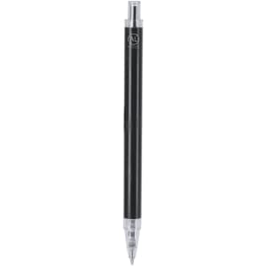 A metal pen in black with silver accents and a branding logo on the body.