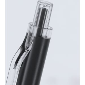 A black metal pen featuring a clear cap and tip. The pen has a sleek design and includes a branding logo.